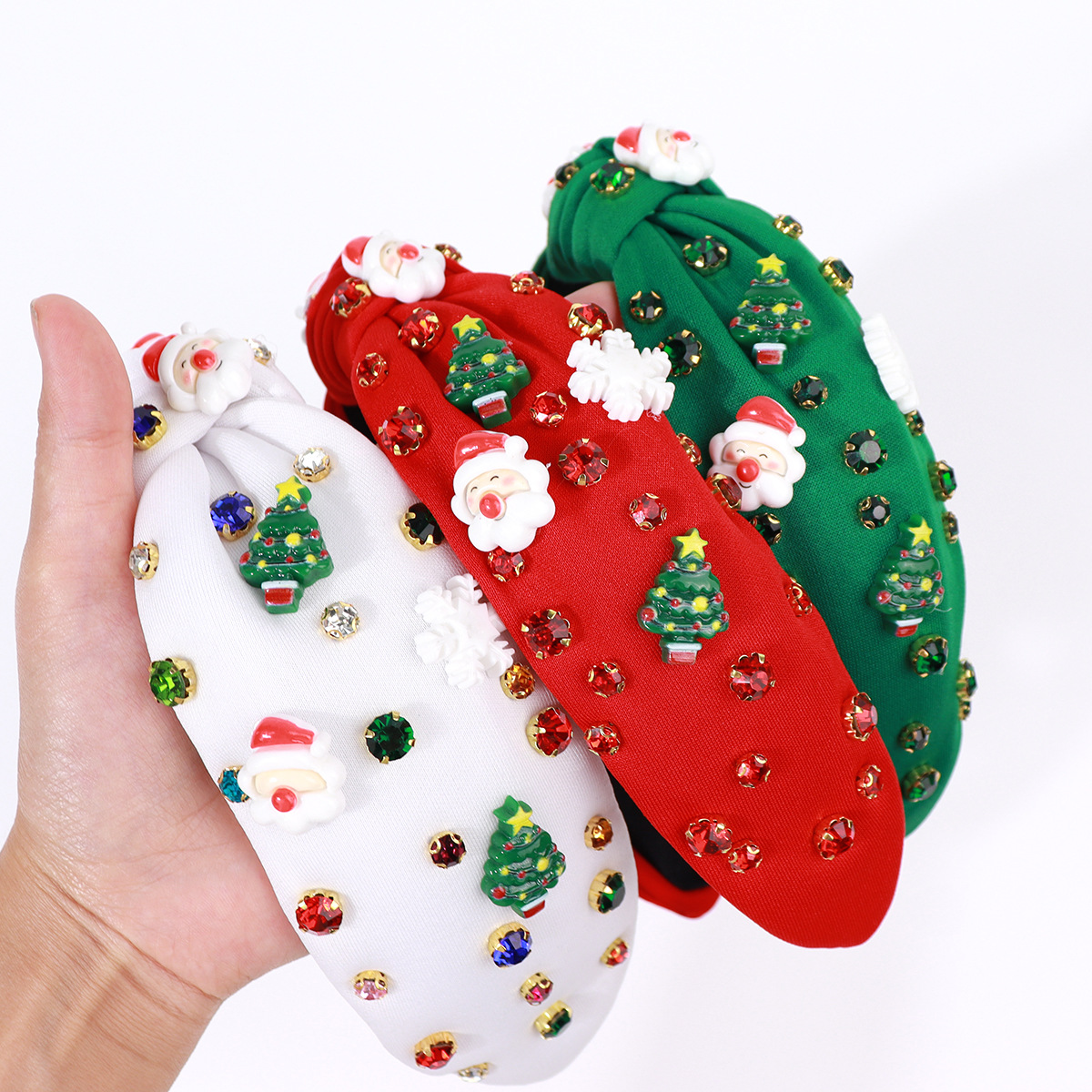 Kerst strass geknoopte hoofdband voor vrouwen, juweel kristal parel versierde twist brede haarband kerstman accessoires vakantie haar hoepel cadeau_voghion.com