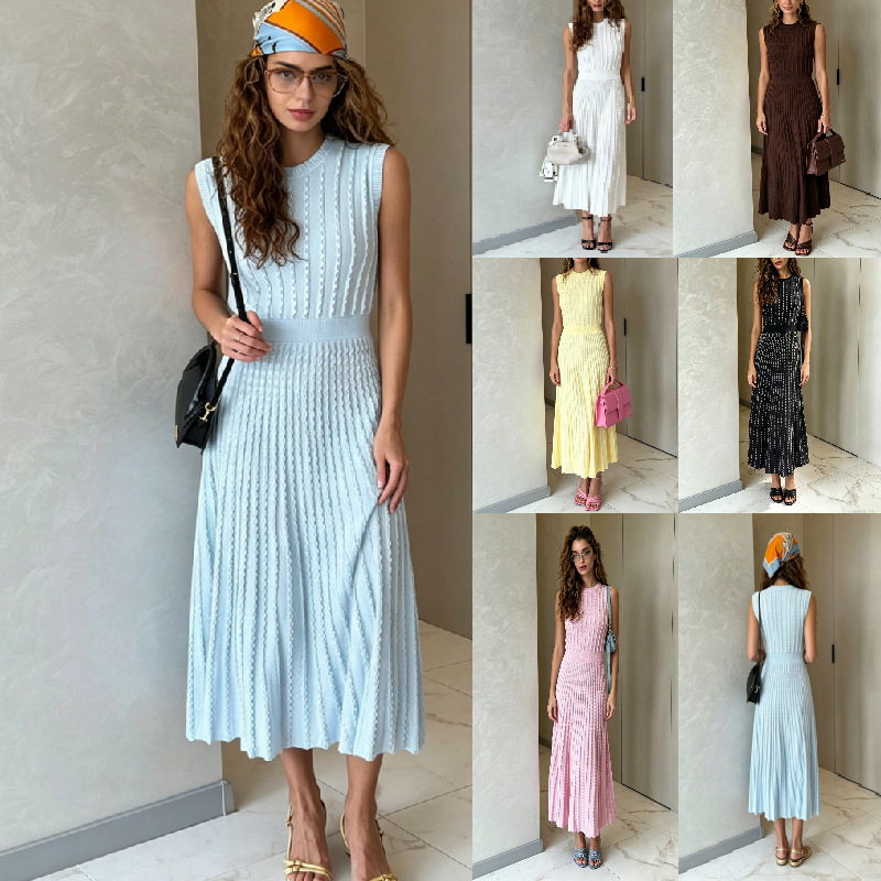 Cross-Border Supply European and American Style French Round Neck Puff Striped Sleeveless Slim-Fit Waist-Cinching Elaborate Sweet Knit Dress
