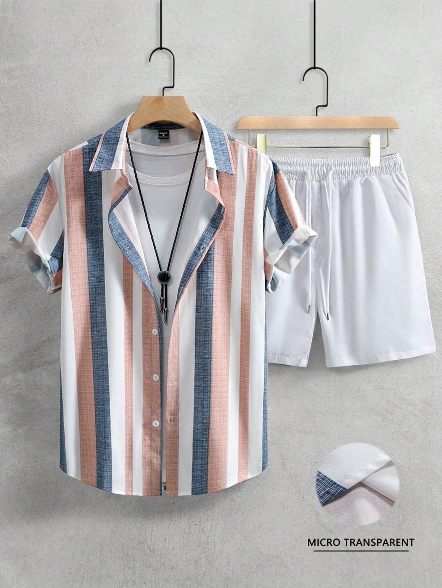 Sencillo contraste color rayas impresión 3D transfronterizo Xiyin venta caliente verano hawaiano vacaciones camisa pantalones cortos traje