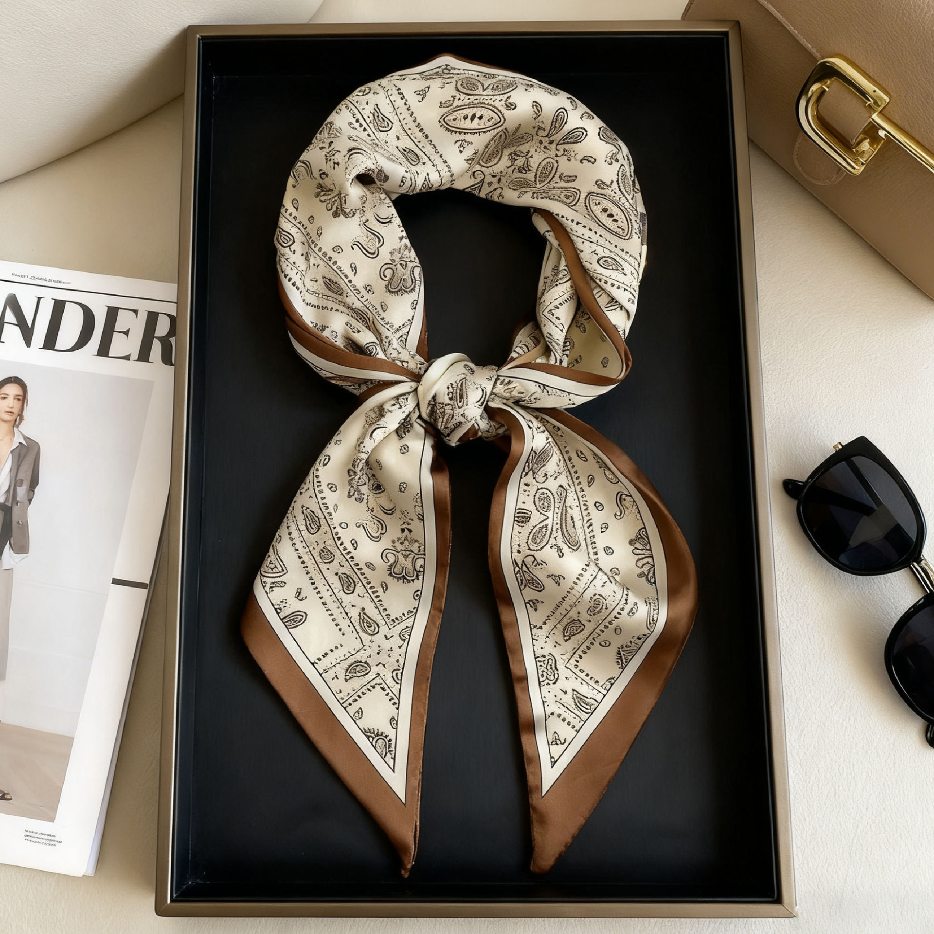 Hangzhou Silk Imitation Silk Texture Double-Layer Printed Long Silk Scarf for Spring & Fall with Scarf That Can Be Tied to the Waist and Decorated with Ribbons