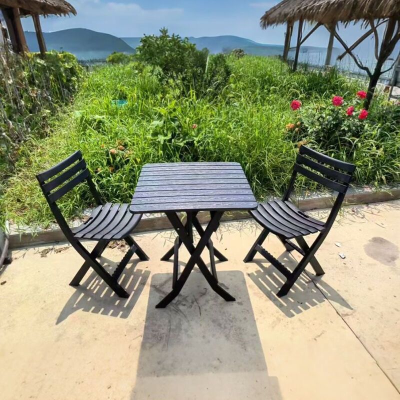Balcony Table and Chair Coffee Table Leisure Combination Outdoor Three-Piece Dining Table Folding Courtyard Imitation Solid Wood Plastic Table and Chair Silk Flower