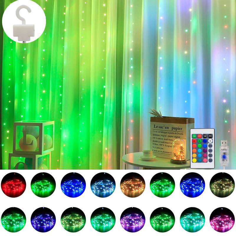 Amazon nueva cortina de luz de la secuencia de Navidad 16 color USB alambre de cobre de color de luz LED de control remoto RGB cortina de alambre de cobre Cadena de luz