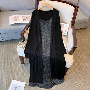 60-175kg Plus Size Women's Fat mm Cardigan Jacket + Suspender Dress Two-Piece Suit 2025 Spring & Fall New Style