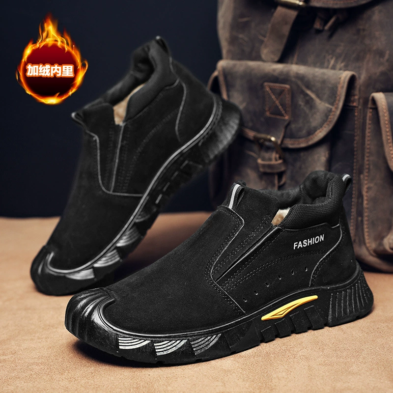 2025 новых мужских зимних рабочих ботинок с плюшевой подкладкой, утолщенные, без стального носка, повседневные модные универсальные слипоны для работы.