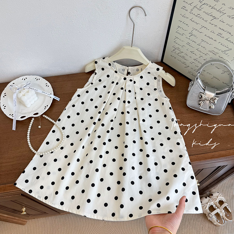 Girls Summer New Pure Cotton Polka Dot Sleeveless Dress Fresh Summer Casual Wear Skirt Quality Children's Clothing Trend
