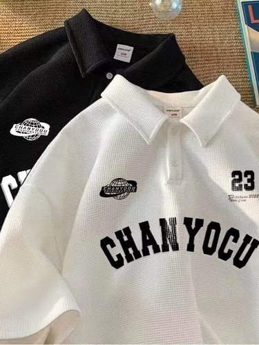 Summer polo collared shirt for men and women, loose oversize retro printed design style, niche trendy brand short sleeve