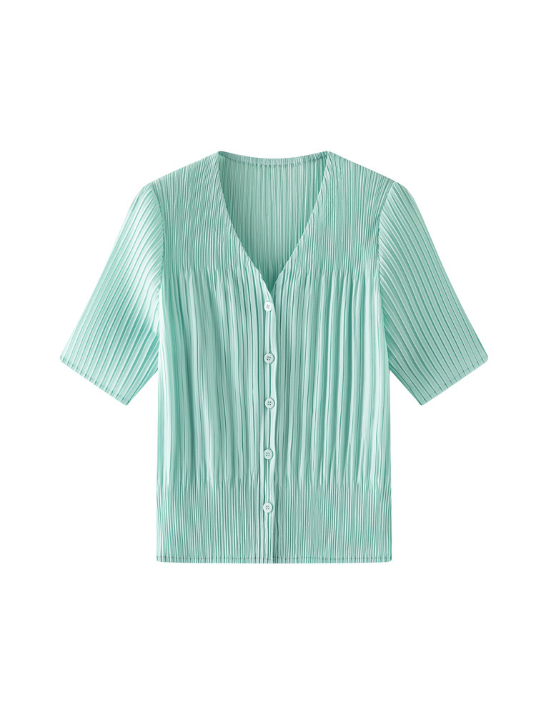 Áo khoác cardigan nữ cổ V tay ngắn xếp ly dáng rộng chống nhăn đi làm — màu be