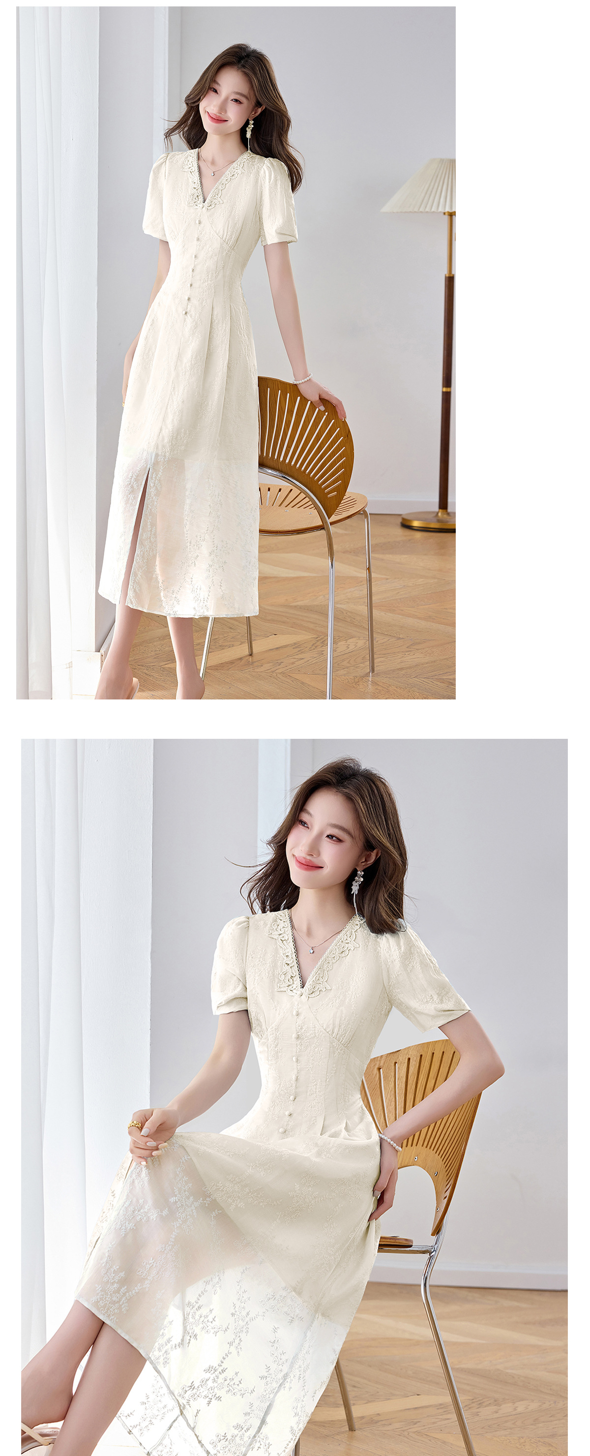 Đầm maxi nữ thêu hoa cổ V thắt eo phong cách cổ điển dài — màu xanh nhạt, màu sắc chi tiết 21