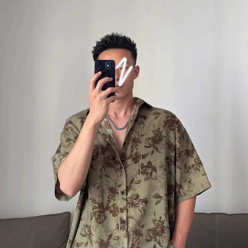 Vintage Cuban Collar Floral Shirt Men's Short-Sleeved Quick-Drying Ice Silk Three-Quarter Sleeve Shirt Hawaiian Baroque Top