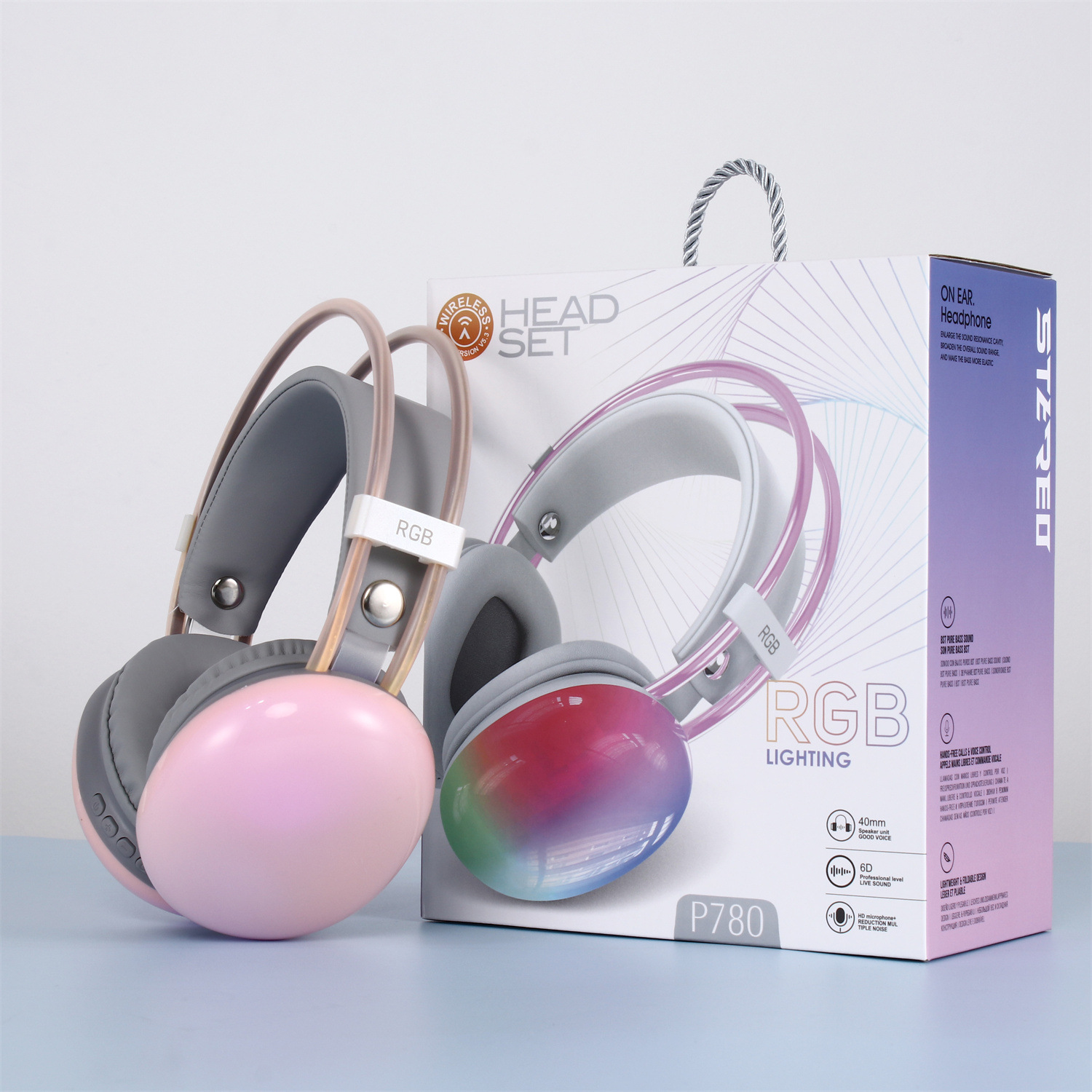 Nuevo auricular Bluetooth montado en la cabeza transfronterizo, auricular inalámbrico RGB luminoso de graves pesados, duración de la batería ultralarga y reducción de ruido