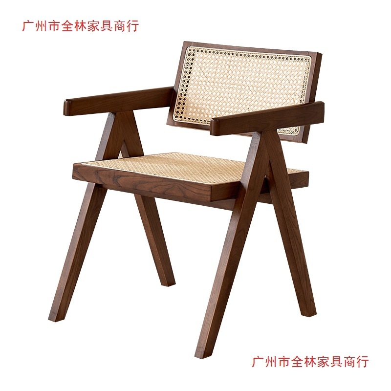 侘寂风藤编椅子实木餐椅家用北欧中古扶手靠背椅昌迪加尔椅餐桌椅|undefined