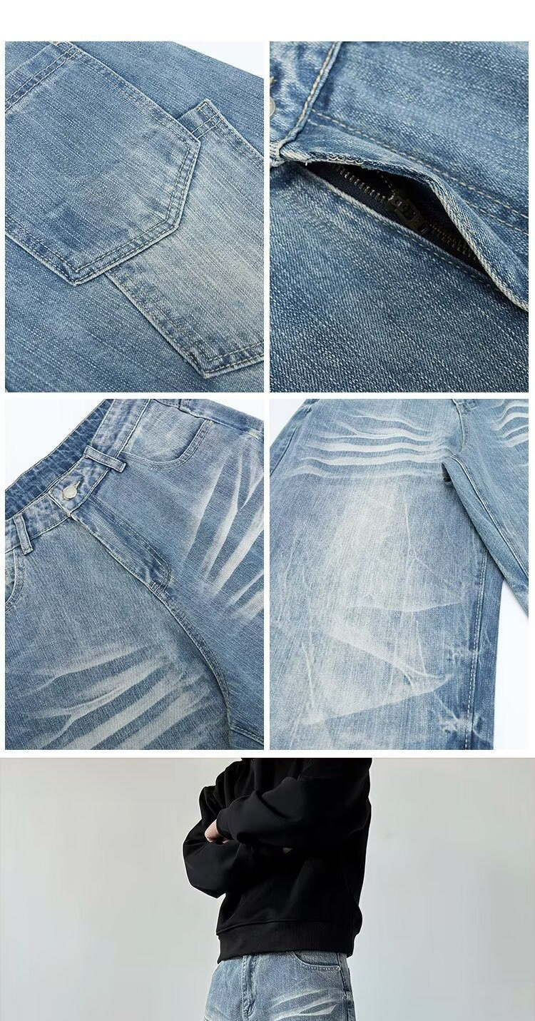 Men's Streetwear Jeans - Relaxed Fit With Lightning Bolt & Whisker Washes For Urban Casual Style_mkmklike.com