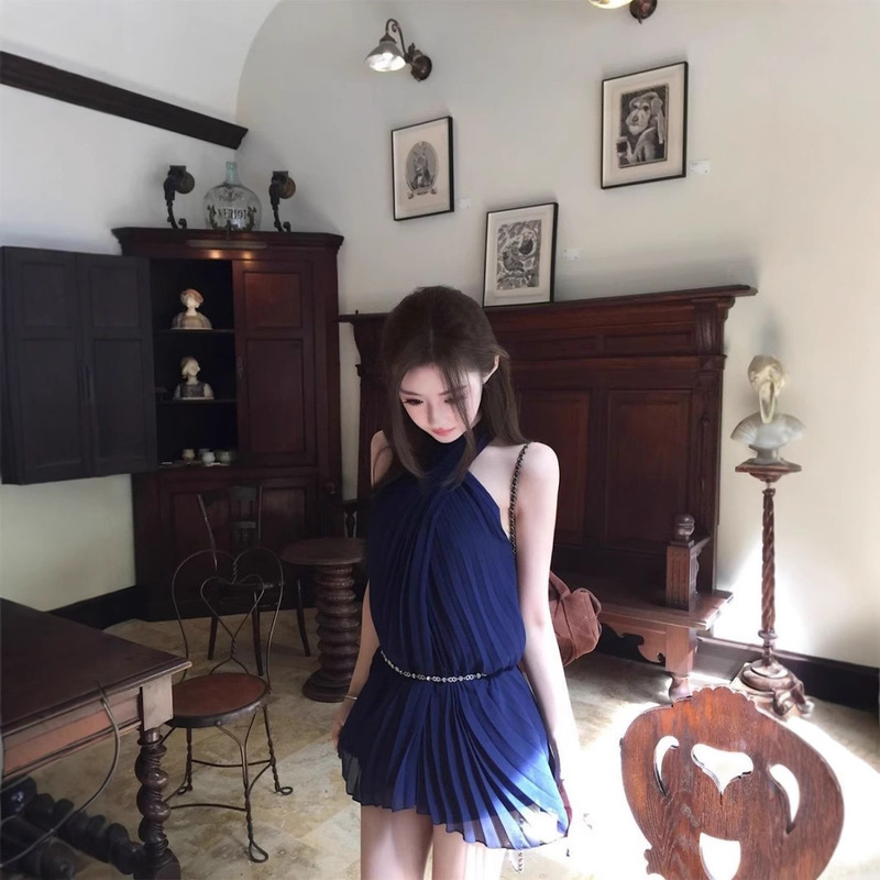 Vintage Korean-Style Halter Neck Dress Women's Blue Dress Pleated Dress Pure Desire Style Sexy Waist-Cinching Dress