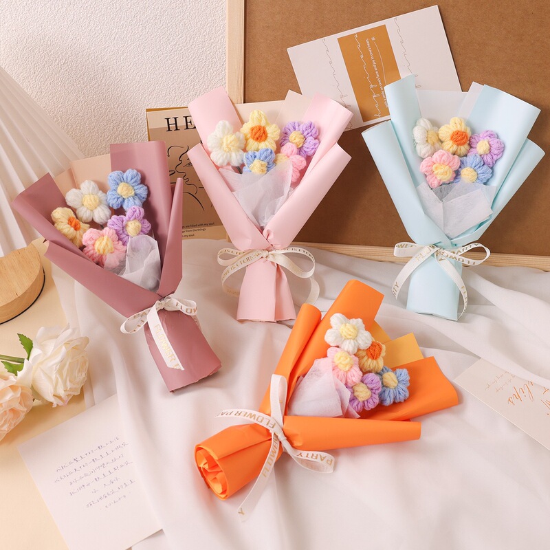 5 handmade knitted puffs flower small bouquet wool floral decoration gift dried flower fake flower soap flower pocket fan