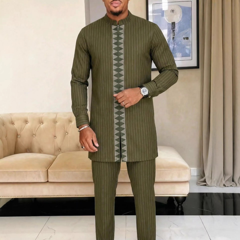 New Men's Suit Kaftan African Ethnic Style Long-Sleeved Embroidered Zipper 2-Piece Set Men's Festival Wedding Suit