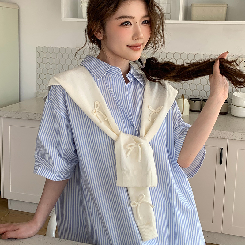 Sopa de punto para mujeres otoño y invierno nuevo arco tridimensional con falda camisa de nudos de cuello pequeño hombro de hombro