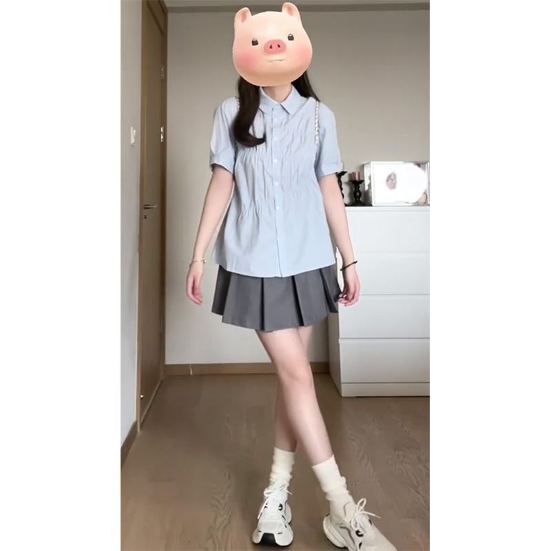 College-style Short-sleeved Shirt Pleated Skirt Two-piece Set Women's Summer Sweet Loose Korean Style High-end Pleated Top Trendy