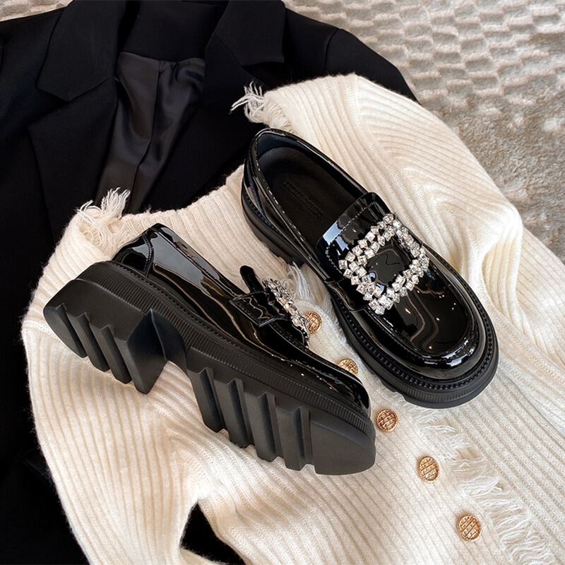 Sheepskin version ~ platform loafers Women's British style thick heel square buckle rhinestone leather shoes French retro leather shoes