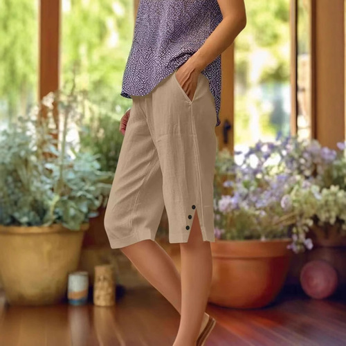 2025 New Women's Casual Loose Pocket Cotton Linen Elastic Pants Five-Finger Shorts for Amazon Cross-Border Sales
