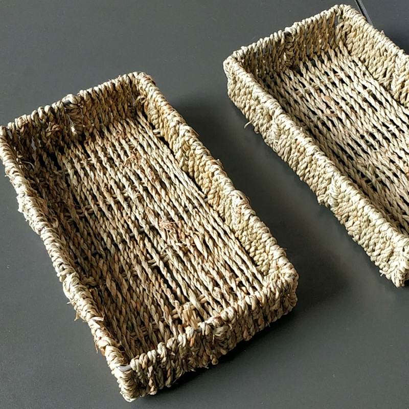 桌面收纳篮藤草编收纳筐化妆品袜子内衣收纳箱零食钥匙茶几收纳盒