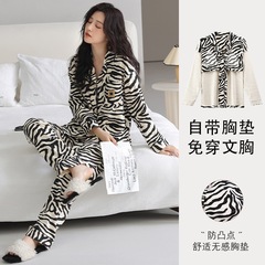 带胸垫睡衣女长袖薄款秋季卡通少女翻领开衫休闲家居服可外穿套装