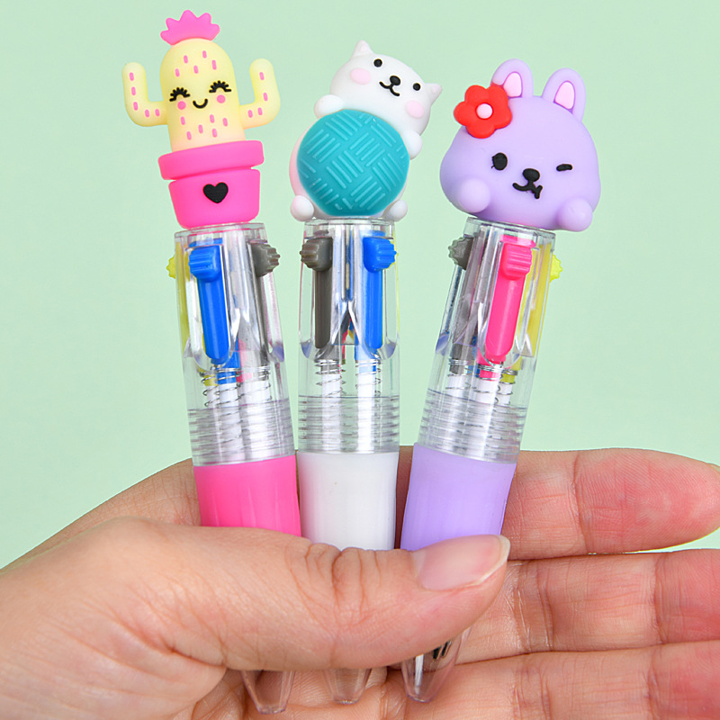 Caricatura lindo gato conejo mini bolígrafo de cuatro colores multicolor en uno bolígrafo de cuentas multicolor para estudiantes premios papelería al por mayor