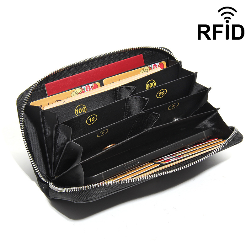 Foreign Trade Genuine Leather Women's Wallet Rfid Long Wallet First Layer Cowhide Multi-Functional Compartment Coin Classification Long Wallet