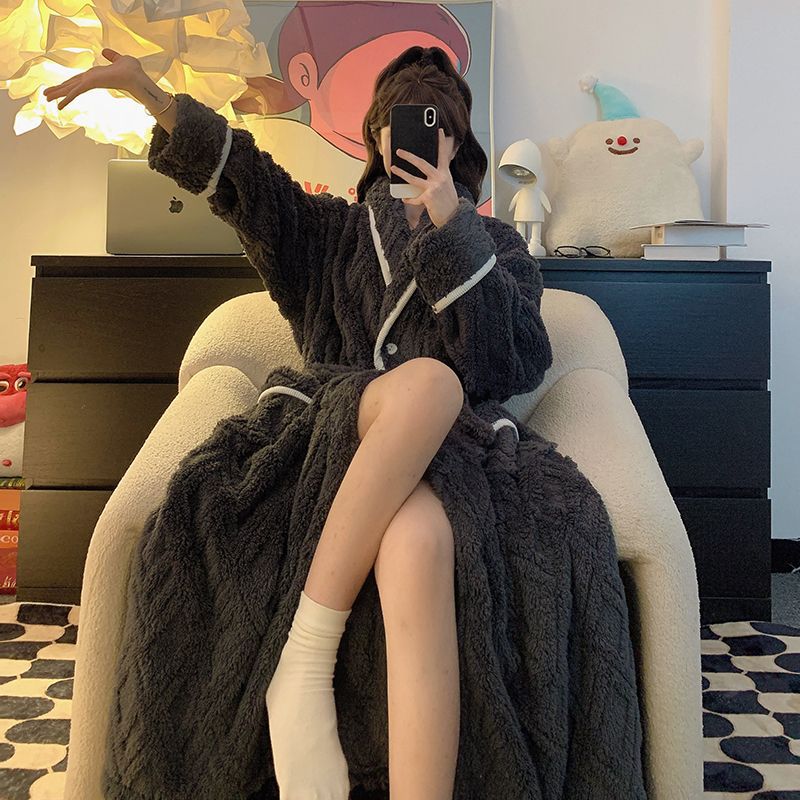 睡袍女冬季珊瑚绒加厚加绒加肥特大码300斤胖MM系带浴袍保暖睡衣