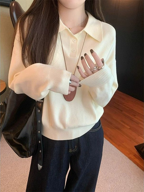 韓国系polo襟のたるみ感のあるニットセーター女性2025春秋シンプルで怠惰なボトムシャツのゆったりとした上着|undefined