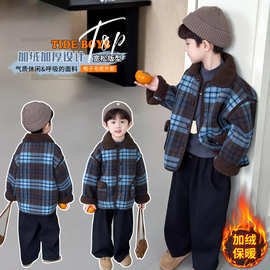 韩版男童格子外套加绒秋冬2025新款帅气宝宝毛呢上衣翻领儿童装潮