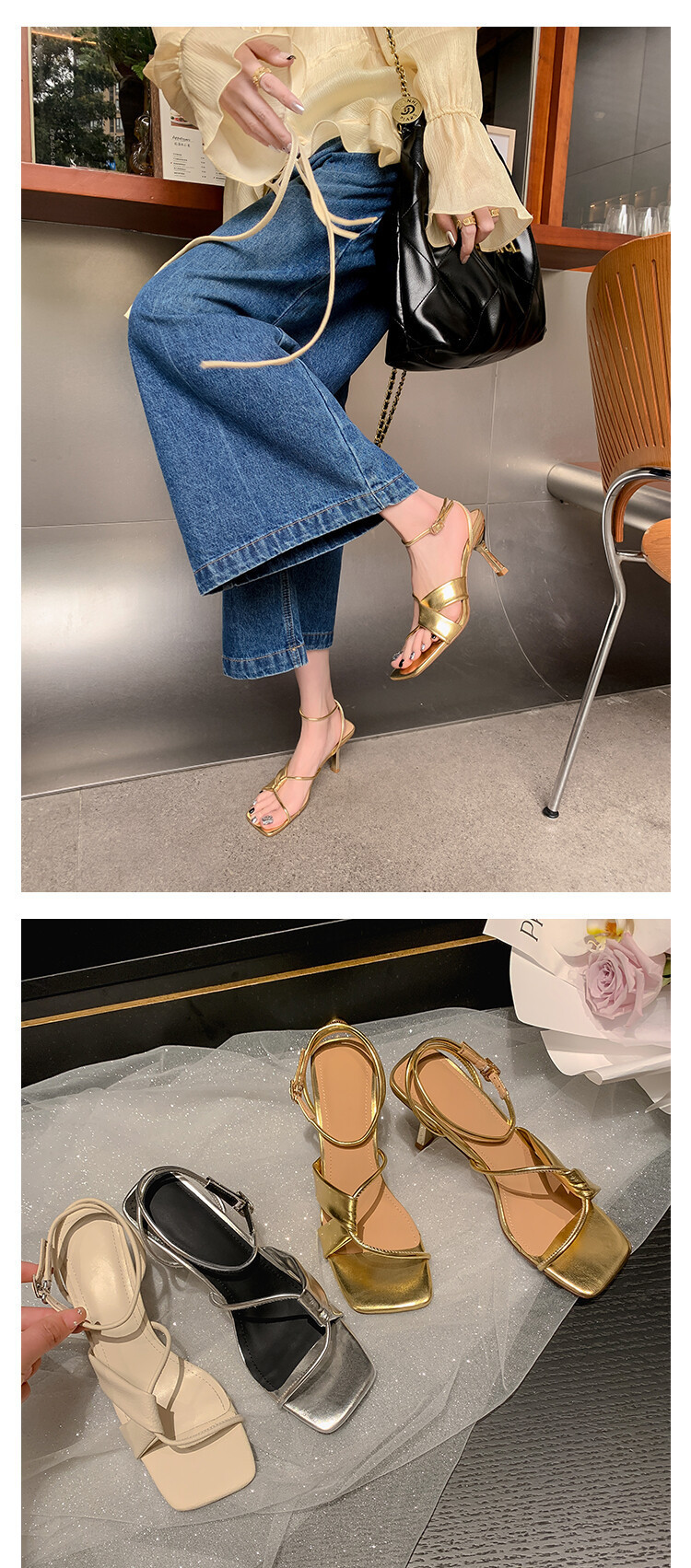 Sandal cao gót nữ hở mũi quai khóa cổ chân gót nhọn 9 cm — Màu vàng, Màu trắng be, Màu bạc chi tiết 20
