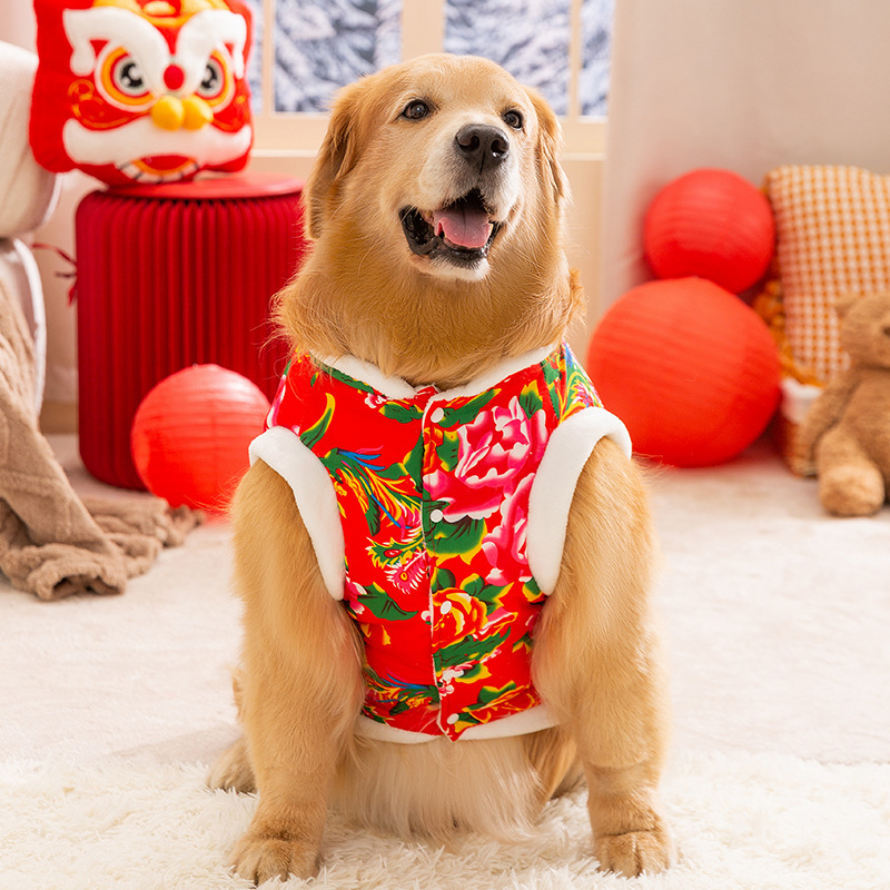 Otoño y invierno perros de tamaño mediano y grande cabello dorado perros de estilo nacional noreste chaqueta de algodón de flores perros de Año Nuevo ropa de perros de mascotas