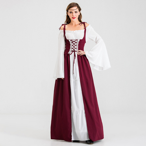 Halloween Costume Amazon European and American Collar Tied Waist Medieval Renaissance Retro Dress