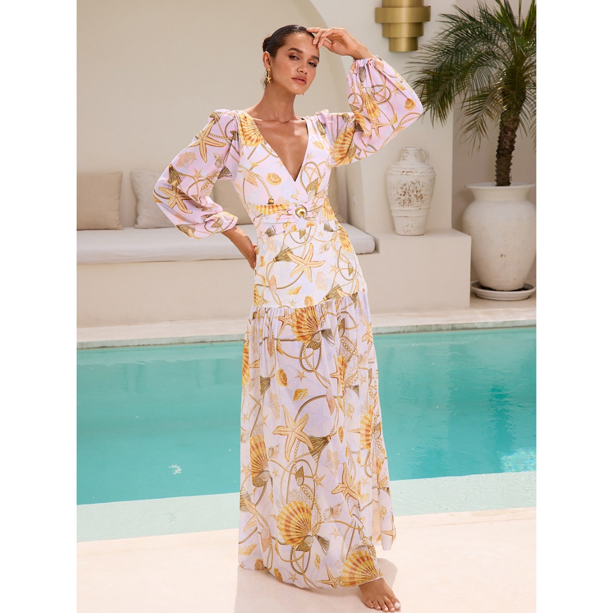 Women's Long-Sleeve Shell Print Swimsuit – UPF 50+ Rash Guard With Built-in Bra, Quick-Dry Nylon Blend For Beach & Pool_voghion.com