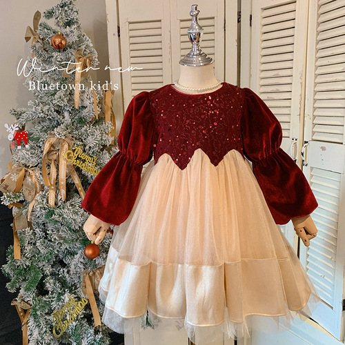 Girls' Dresses Autumn and Winter 2024 New Style Dresses Girls' Velvet Thickened Princess Dresses Puffy Gauze Skirts
