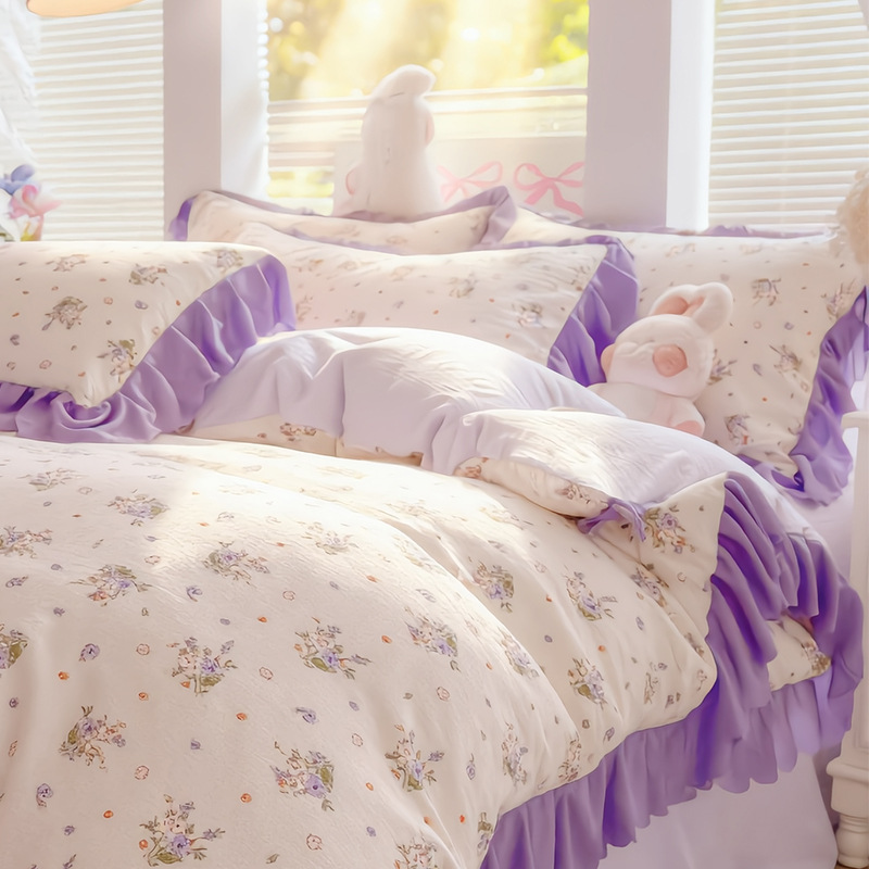 26 bambú de algodón cama de cuatro piezas pequeñas flores frescas pequeñas flores de encaje estilo de viento princesa viento tres piezas flor de bosque