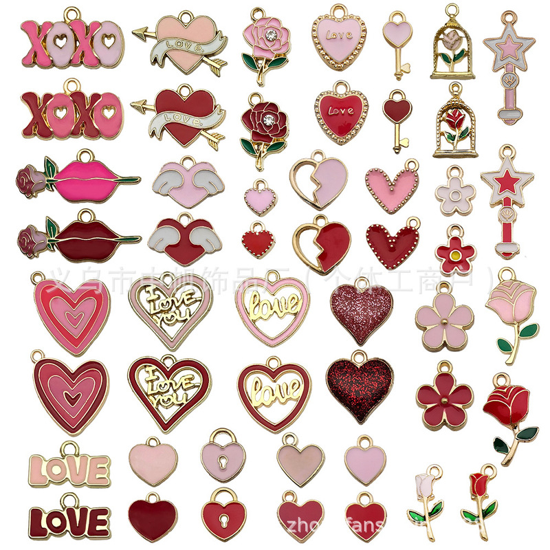 Mixed Set of 50 Red and Pink Heart-Shaped Jewelry Accessories DIY Bracelet Keychain Necklace Pendant Alloy Enamel Charms