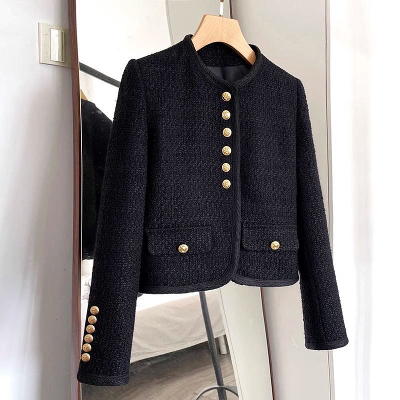 Autumn and Winter Women's New High-end Black French Black Gold Short Chanel Vintage Tweed Elegant Coat for Women