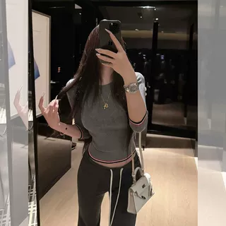 春秋老钱风气质撞色内搭针织衫女韩系灰色打底衫修身长袖别致上衣