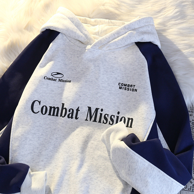 Felpa con cappuccio, manica raglan, stampata con lettere in stile americano, spessa e foderata in pile, patchwork, color-block, alla moda_voghion.com