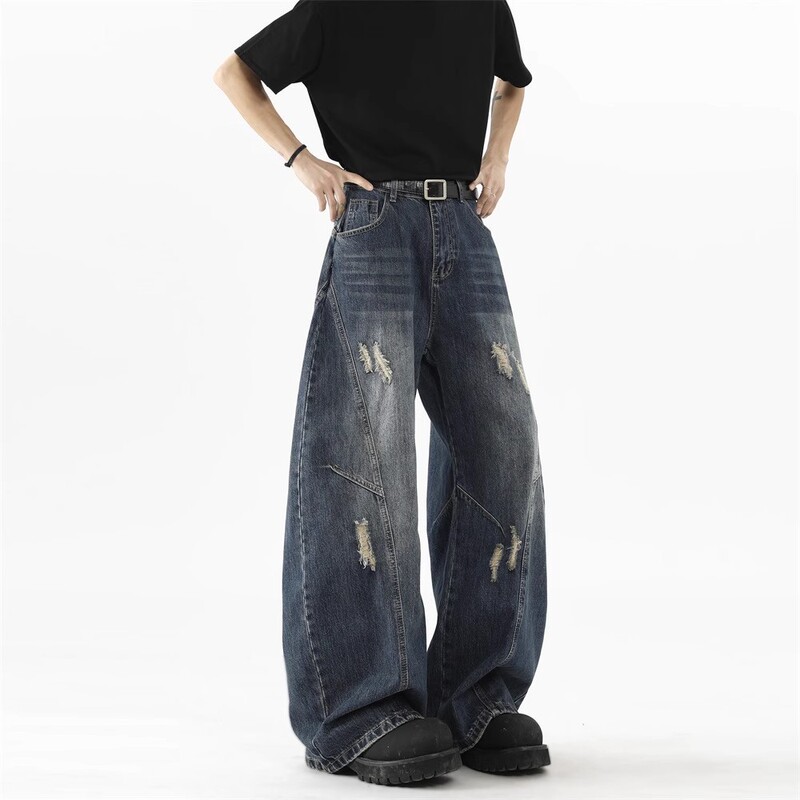 American Retro Ripped Scimitar Jeans for Men and Women, Trendy Brand Design, Loose Deconstructed Versatile Straight Wide-Leg Pants American Retro Ripped Scimitar Jeans for Men and Women, Trendy Brand Design, Loose Deconstructed Versatile Straight Wide-Leg Pants