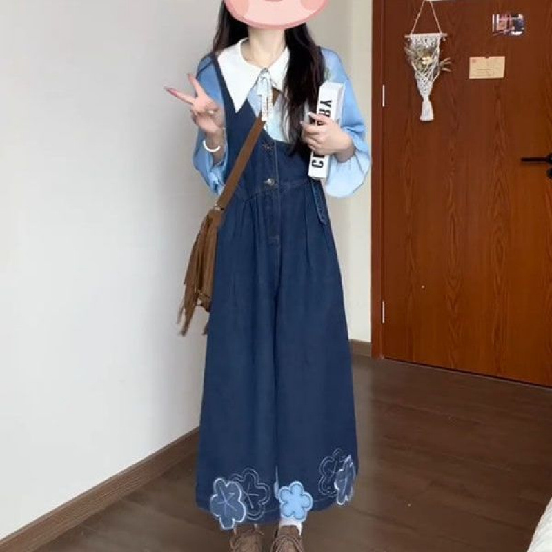 甜美贴布绣花不对称背带牛仔裤女春夏新款叠穿翻领印花衬衫两件套|undefined