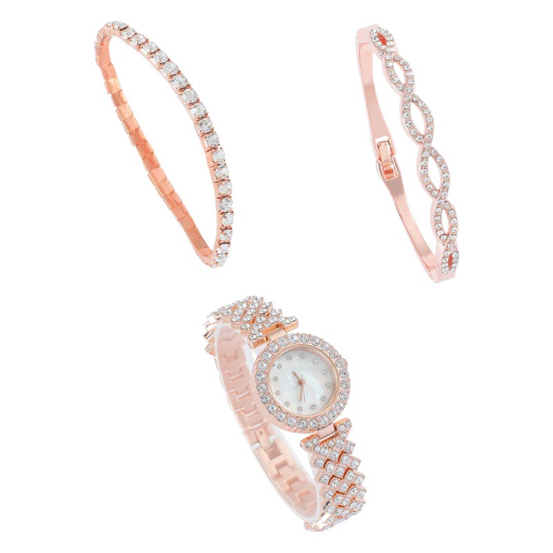 Reloj de cuarzo lleno de diamantes de las mujeres de moda coreana + pulsera de diamantes completa 3 unids/set