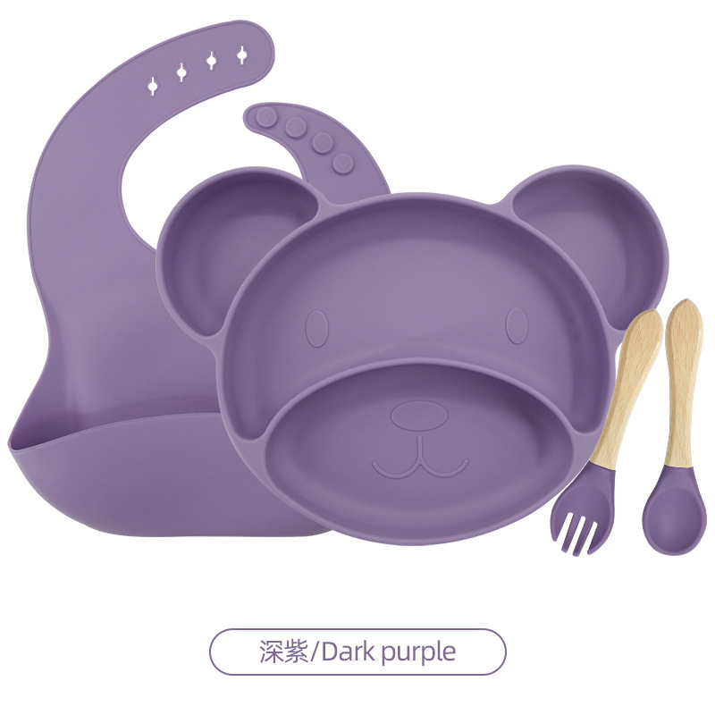 다크 퍼플 4 피스 세트 (턱받이 + 작은 미키 플레이트 + 나무 포크와 숟가락)