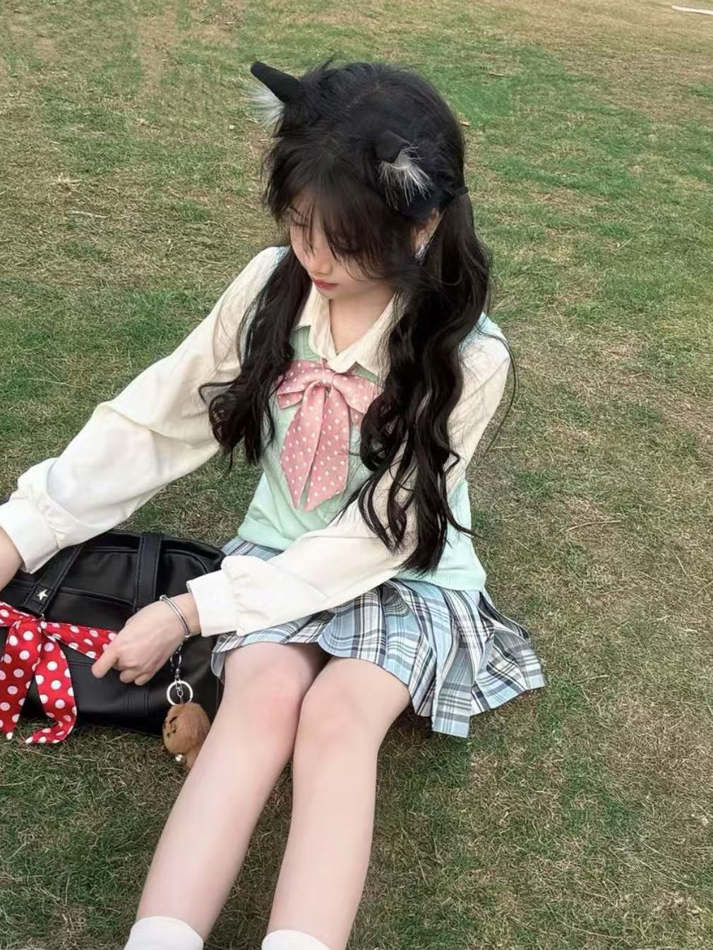 오리지널 일본 JK 유니폼 새로운 스타일의 느슨한 파란색 격자 무늬 스커트 대학 스타일 풀오버 조끼 여자 학교 섹시한 부드러운 소녀 정장