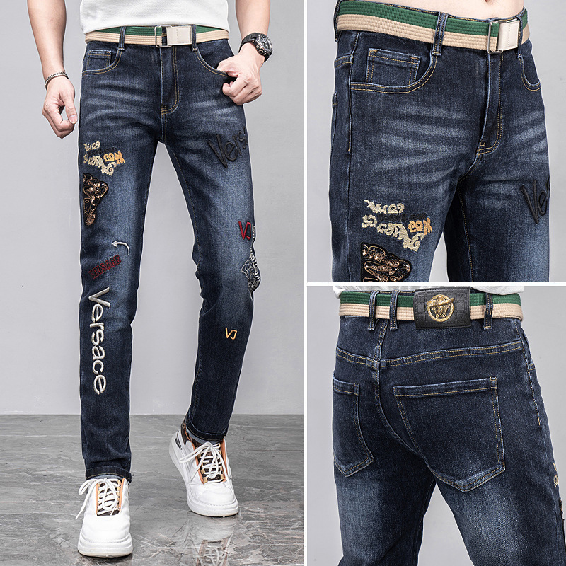 Tredy brodé jeas me's slim fit leggigs, automne ad witer ew corée élastique noir polyvalent bûche pats pour_voghion.com