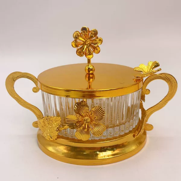 Cross-Border European-Style Light Luxury Metal Sugar Bowl Kitchen Seasoning Storage Container from Source Factory, Gold Color with Lid, Small Batch