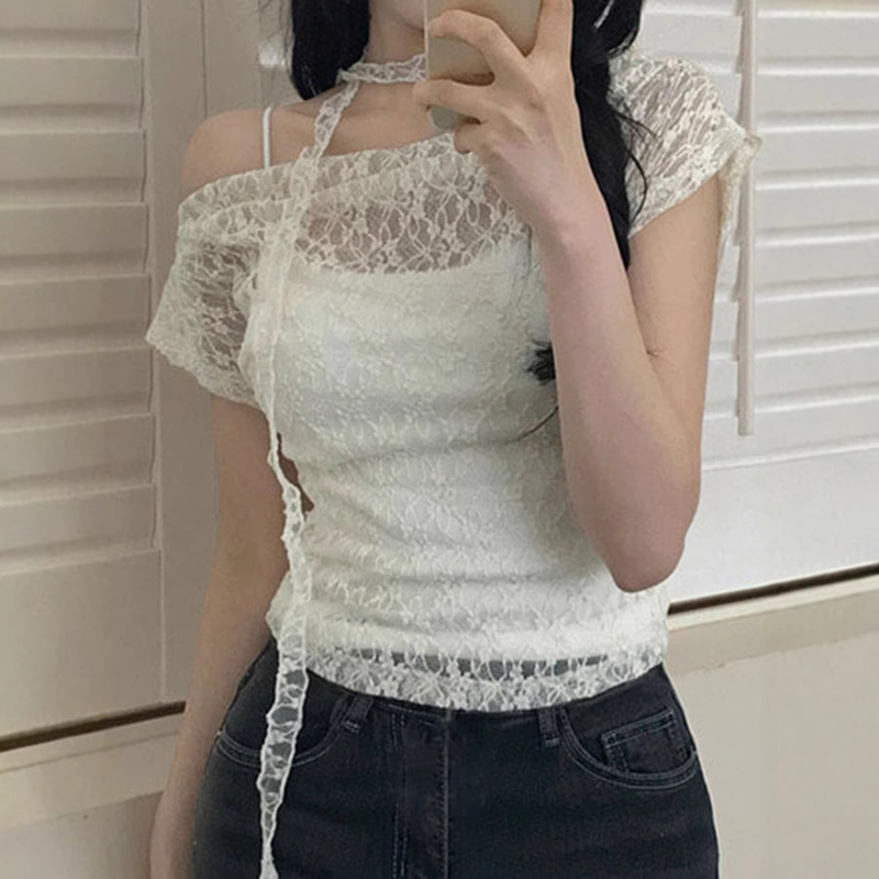 New Solid Color Halter Neck Tie-Up Off-Shoulder Short Top with Lace, Slim Fit, Hollow-Out Short Sleeve One-Shoulder T-Shirt