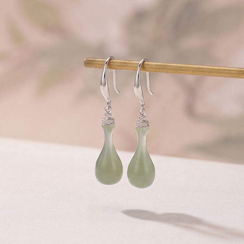 Bông tai dài bạc S925 mạ vàng đính ngọc bích thanh lịch kiểu bình hoa cổ điển — Bạc