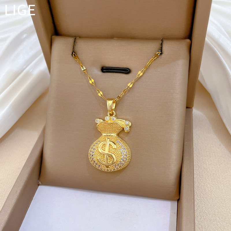 【钛钢】满钻钱袋福袋轻奢风气质华丽满钻项链女百搭锁骨链钛钢链详情3